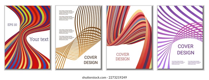 A set of 4 abstract covers. Wavy parallel gradient lines, ribbons evolve. Cover design, background. Trendy banner, poster.