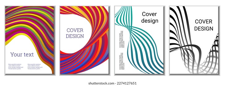 A set of 4 abstract covers. Wavy parallel gradient lines, ribbons evolve. Cover design, background. Trendy banner, poster.