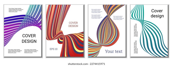 A set of 4 abstract covers. Wavy parallel gradient lines, ribbons evolve. Cover design, background. Trendy banner, poster.