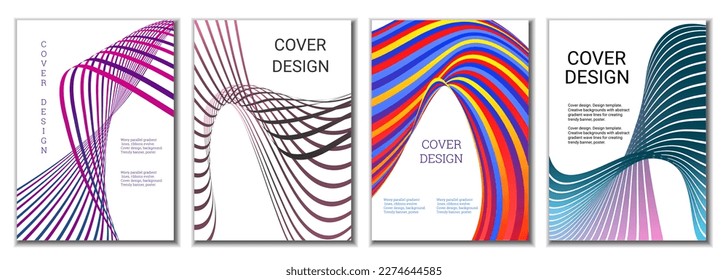 A set of 4 abstract covers. Wavy parallel gradient lines, ribbons evolve. Cover design, background. Trendy banner, poster.