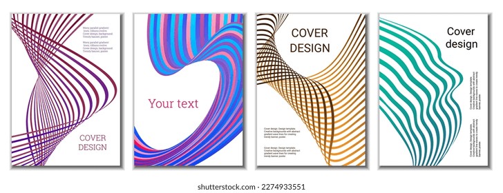 A set of 4 abstract covers. Wavy parallel gradient lines, ribbons evolve. Cover design, background. Trendy banner, poster.