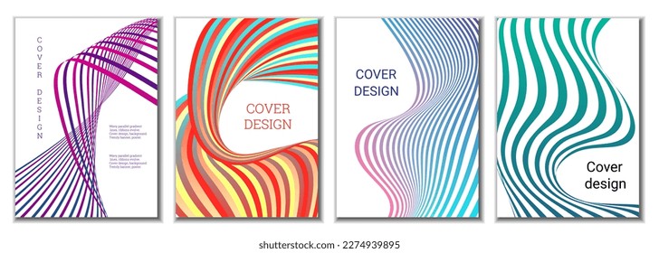 A set of 4 abstract covers. Wavy parallel gradient lines, ribbons evolve. Cover design, background. Trendy banner, poster.