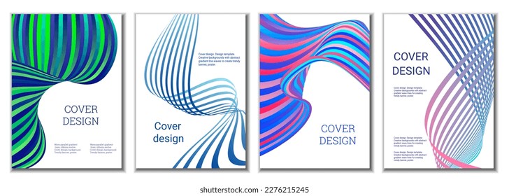 A set of 4 abstract covers. Wavy parallel gradient lines, ribbons evolve. Cover design, background. Trendy banner, poster.