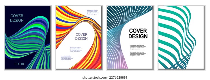 A set of 4 abstract covers. Wavy parallel gradient lines, ribbons evolve. Cover design, background. Trendy banner, poster.