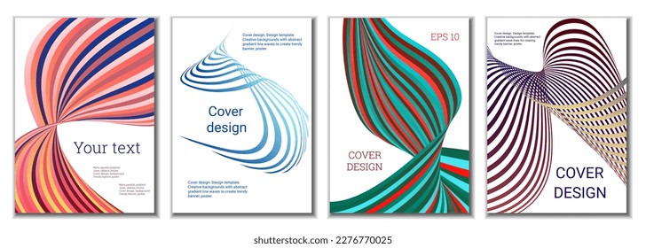 A set of 4 abstract covers. Wavy parallel gradient lines, ribbons evolve. Cover design, background. Trendy banner, poster.