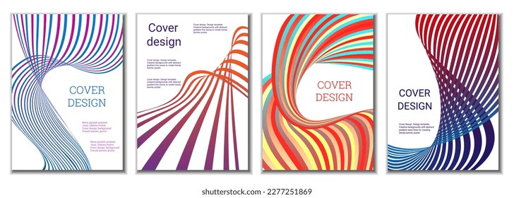 A set of 4 abstract covers. Wavy parallel gradient lines, ribbons evolve. Cover design, background. Trendy banner, poster.