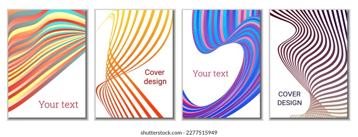 A set of 4 abstract covers. Wavy parallel gradient lines, ribbons evolve. Cover design, background. Trendy banner, poster.