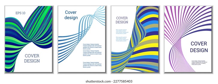 A set of 4 abstract covers. Wavy parallel gradient lines, ribbons evolve. Cover design, background. Trendy banner, poster.