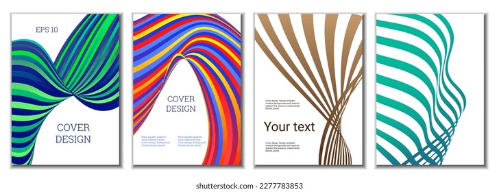 A set of 4 abstract covers. Wavy parallel gradient lines, ribbons evolve. Cover design, background. Trendy banner, poster.