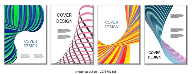 A set of 4 abstract covers. Wavy parallel gradient lines, ribbons evolve. Cover design, background. Trendy banner, poster.