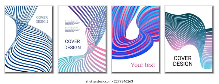 A set of 4 abstract covers. Wavy parallel gradient lines, ribbons evolve. Cover design, background. Trendy banner, poster.