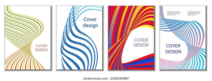 A set of 4 abstract covers. Wavy parallel gradient lines, ribbons evolve. Cover design, background. Trendy banner, poster.