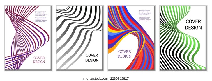 A set of 4 abstract covers. Wavy parallel gradient lines, ribbons evolve. Cover design, background. Trendy banner, poster.