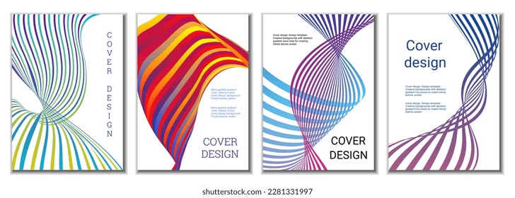 A set of 4 abstract covers. Wavy parallel gradient lines, ribbons evolve. Cover design, background. Trendy banner, poster.