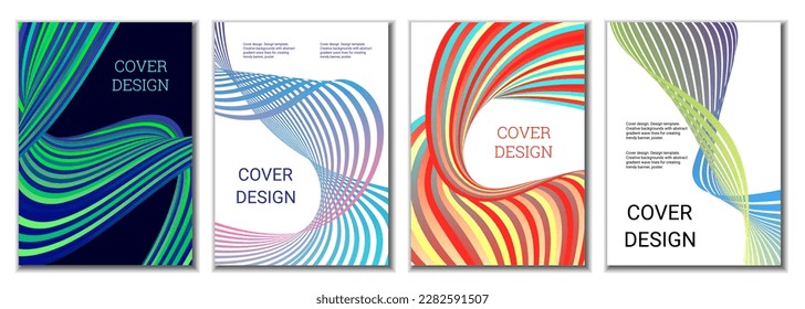 A set of 4 abstract covers. Wavy parallel gradient lines, ribbons evolve. Cover design, background. Trendy banner, poster.