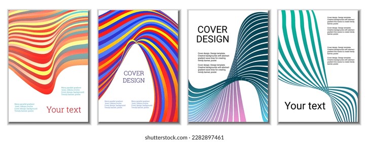 A set of 4 abstract covers. Wavy parallel gradient lines, ribbons evolve. Cover design, background. Trendy banner, poster.
