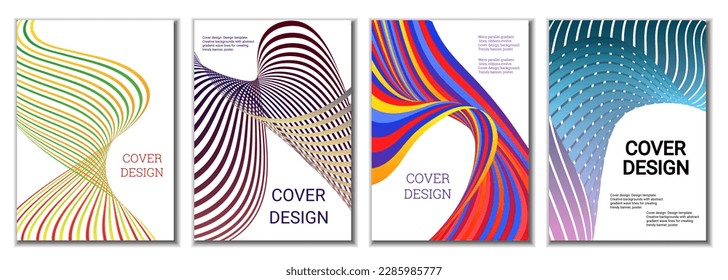 A set of 4 abstract covers. Wavy parallel gradient lines, ribbons evolve. Cover design, background. Trendy banner, poster.