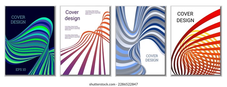 A set of 4 abstract covers. Wavy parallel gradient lines, ribbons evolve. Cover design, background. Trendy banner, poster.
