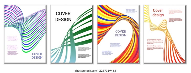 A set of 4 abstract covers. Wavy parallel gradient lines, ribbons evolve. Cover design, background. Trendy banner, poster.