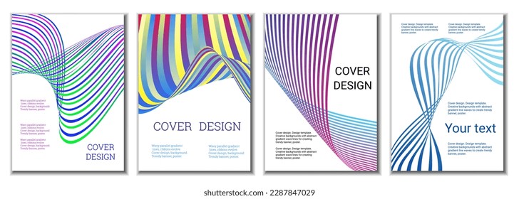A set of 4 abstract covers. Wavy parallel gradient lines, ribbons evolve. Cover design, background. Trendy banner, poster.