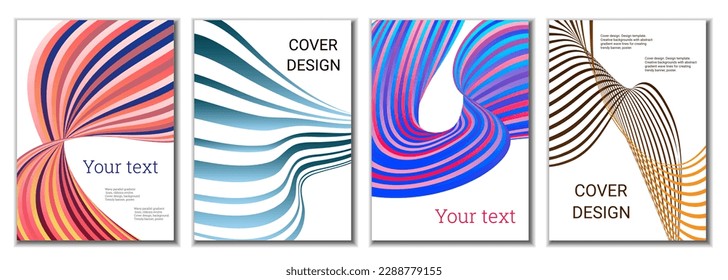 A set of 4 abstract covers. Wavy parallel gradient lines, ribbons evolve. Cover design, background. Trendy banner, poster.