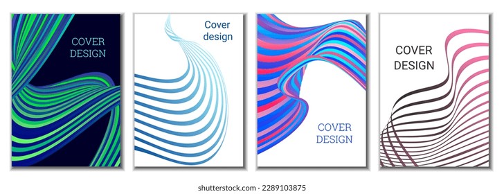 A set of 4 abstract covers. Wavy parallel gradient lines, ribbons evolve. Cover design, background. Trendy banner, poster.