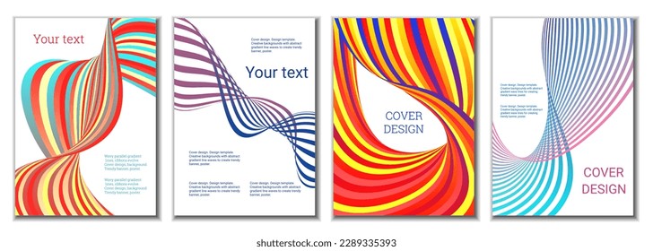 A set of 4 abstract covers. Wavy parallel gradient lines, ribbons evolve. Cover design, background. Trendy banner, poster.