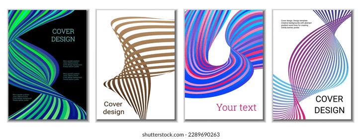 A set of 4 abstract covers. Wavy parallel gradient lines, ribbons evolve. Cover design, background. Trendy banner, poster.