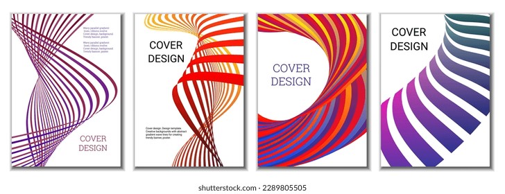 A set of 4 abstract covers. Wavy parallel gradient lines, ribbons evolve. Cover design, background. Trendy banner, poster.