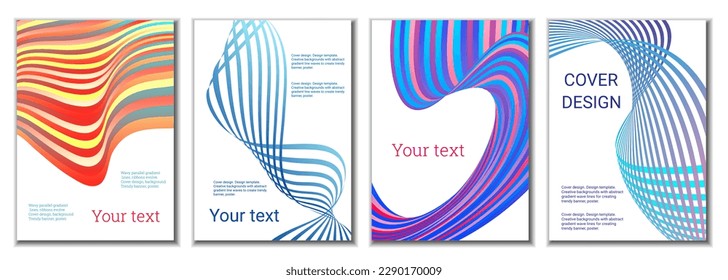 A set of 4 abstract covers. Wavy parallel gradient lines, ribbons evolve. Cover design, background. Trendy banner, poster.