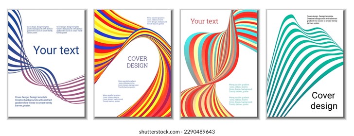 A set of 4 abstract covers. Wavy parallel gradient lines, ribbons evolve. Cover design, background. Trendy banner, poster.