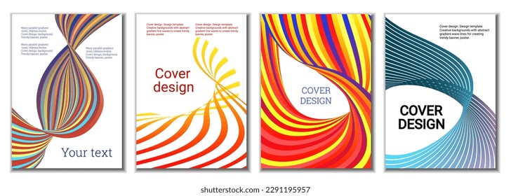 A set of 4 abstract covers. Wavy parallel gradient lines, ribbons evolve. Cover design, background. Trendy banner, poster.
