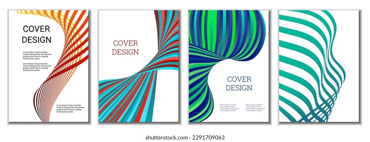 A set of 4 abstract covers. Wavy parallel gradient lines, ribbons evolve. Cover design, background. Trendy banner, poster.