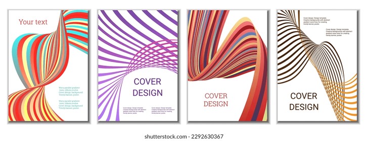 A set of 4 abstract covers. Wavy parallel gradient lines, ribbons evolve. Cover design, background. Trendy banner, poster.