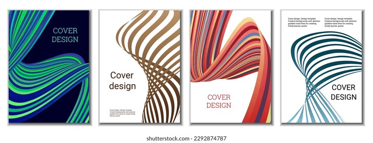 A set of 4 abstract covers. Wavy parallel gradient lines, ribbons evolve. Cover design, background. Trendy banner, poster.