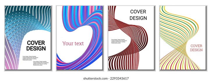 A set of 4 abstract covers. Wavy parallel gradient lines, ribbons evolve. Cover design, background. Trendy banner, poster.