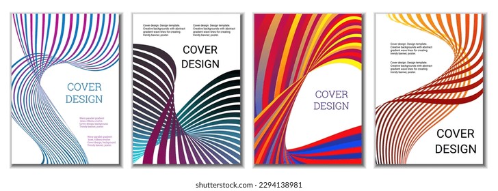 A set of 4 abstract covers. Wavy parallel gradient lines, ribbons evolve. Cover design, background. Trendy banner, poster.