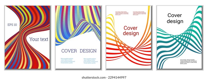 A set of 4 abstract covers. Wavy parallel gradient lines, ribbons evolve. Cover design, background. Trendy banner, poster.