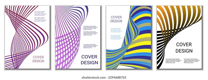 A set of 4 abstract covers. Wavy parallel gradient lines, ribbons evolve. Cover design, background. Trendy banner, poster.