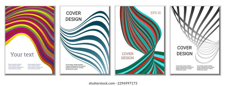 A set of 4 abstract covers. Wavy parallel gradient lines, ribbons evolve. Cover design, background. Trendy banner, poster.