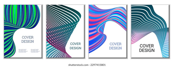 A set of 4 abstract covers. Wavy parallel gradient lines, ribbons evolve. Cover design, background. Trendy banner, poster.