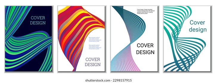 A set of 4 abstract covers. Wavy parallel gradient lines, ribbons evolve. Cover design, background. Trendy banner, poster.