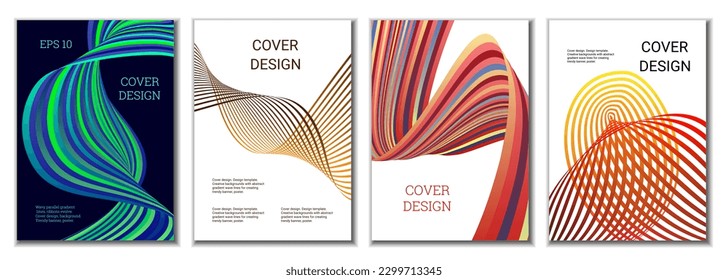 A set of 4 abstract covers. Wavy parallel gradient lines, ribbons evolve. Cover design, background. Trendy banner, poster.
