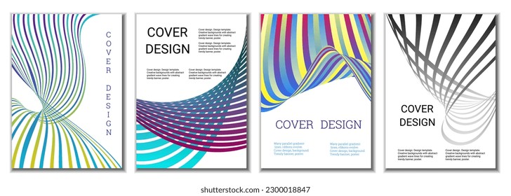 A set of 4 abstract covers. Wavy parallel gradient lines, ribbons evolve. Cover design, background. Trendy banner, poster.