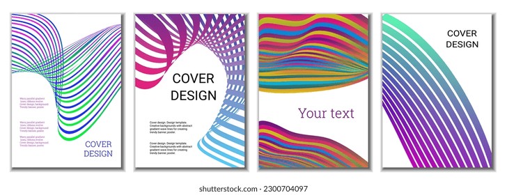 A set of 4 abstract covers. Wavy parallel gradient lines, ribbons evolve. Cover design, background. Trendy banner, poster.