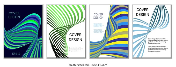 A set of 4 abstract covers. Wavy parallel gradient lines, ribbons evolve. Cover design, background. Trendy banner, poster.