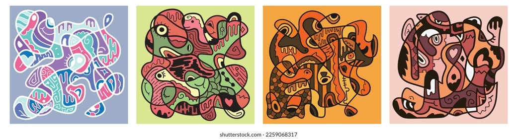 Set of 4 abstract, cute cartoon doodle art. Hand drawn vector illustrations. Perfect for poster, cover and banner