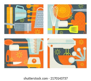 Set of 4 abstract designs. Cooking tools and appliances for food preparation. Modern culinary theme vector illustration for artwork, decor, social media, banners