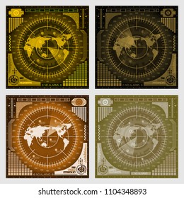 Set of 4 abstract digital radar screens with world map, targets and futuristic user interface of yellow and orange shades