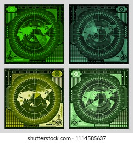 Set of 4 abstract digital radar screens with world map, targets and futuristic user interface of green shades